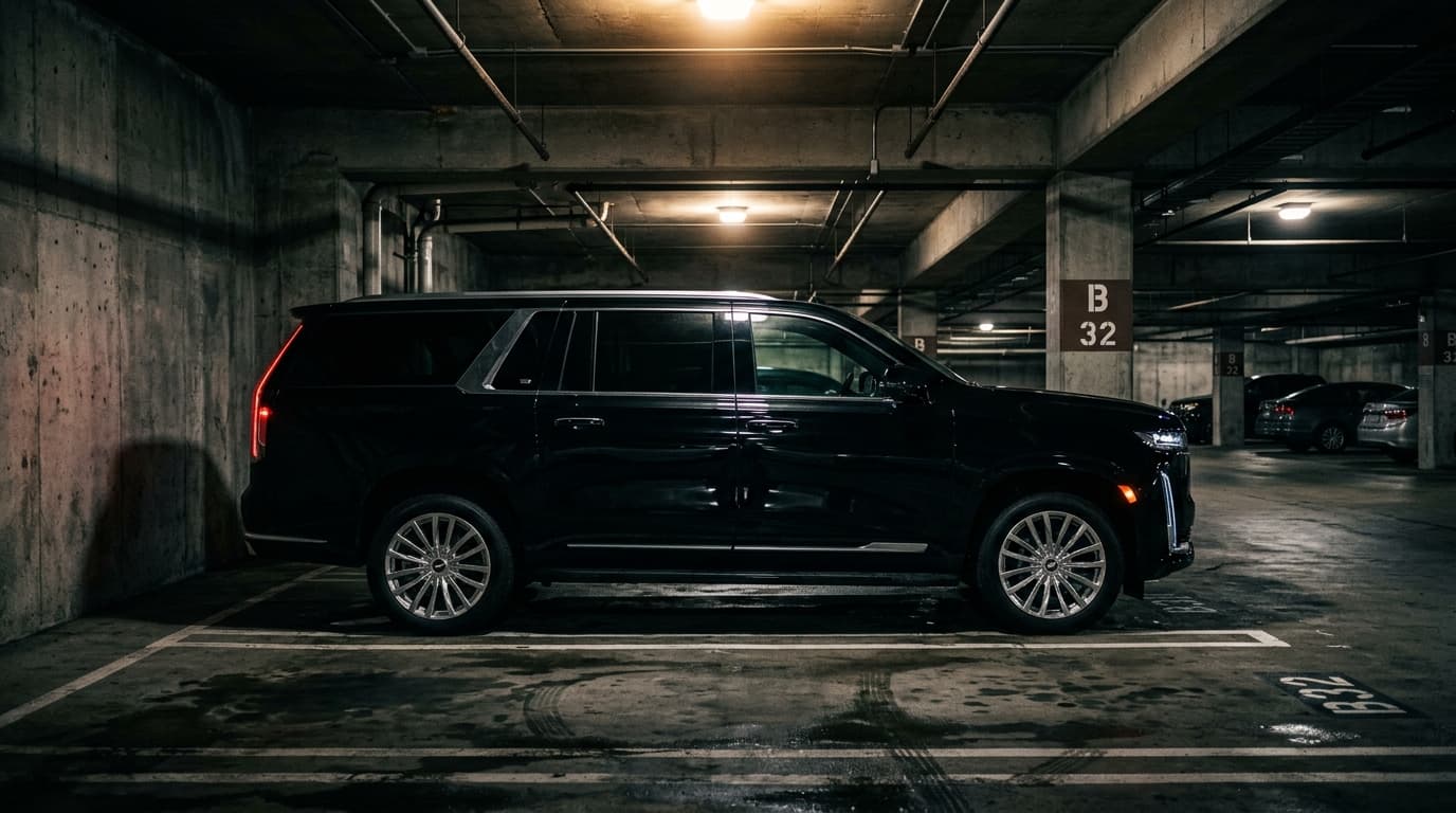 A late-model black luxury SUV from the Kurbside driver-partner fleet