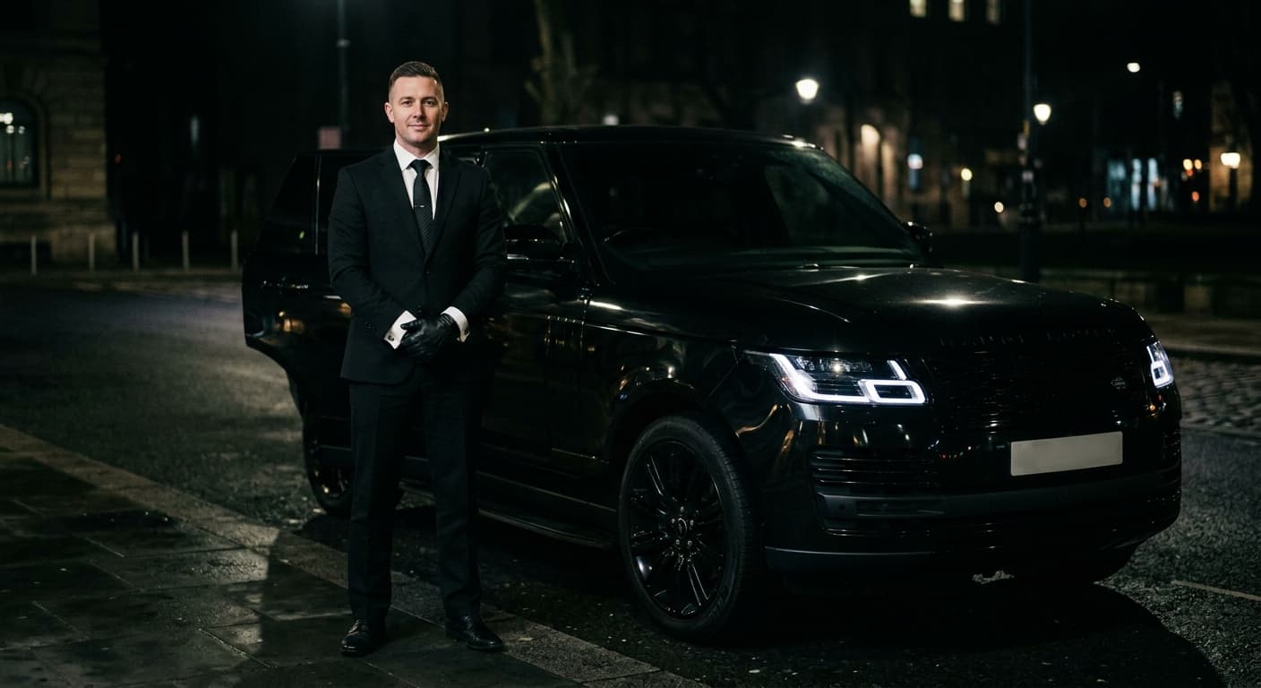A licensed Kurbside chauffeur standing beside a black-car SUV at night